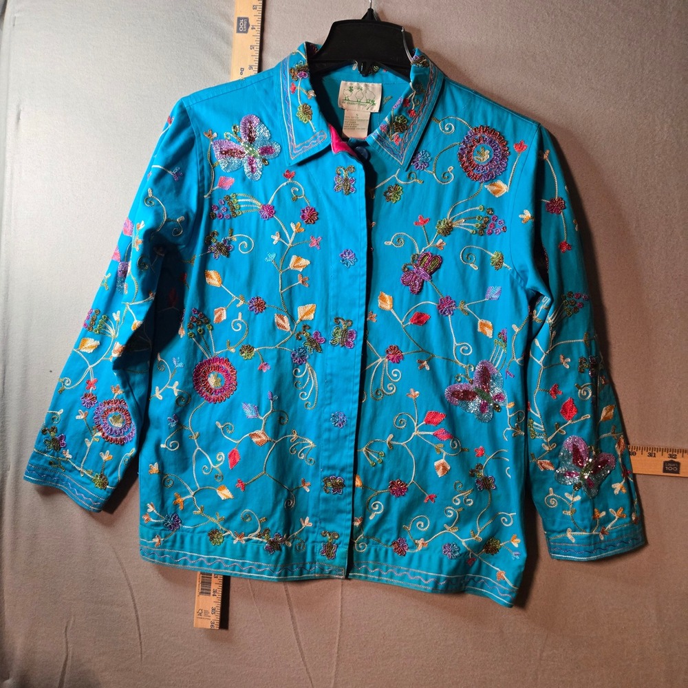 Quacker Factory Blue Butterfly Embroidered Beaded Cotton Jacket Small A-67093